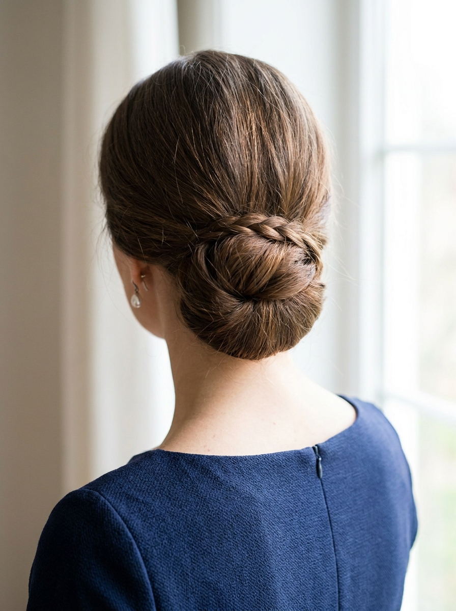Low Bun mit geflochtenem Detail als Frisuren für lange Haare als Hochzeitsgast Inspiration 2026